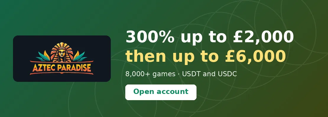 Aztec Paradise Casino: 300% up to £2,000, rising to £6,000 over four deposits at 30x