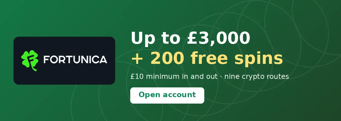 Fortunica Casino: Up to £3,000 + 200 free spins over three deposits